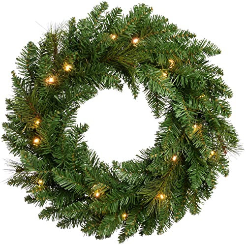 WeRChristmas Pre-Lit Wreath Christmas Decoration Illuminated with 20 Warm White LED Lights, 60 cm - Green