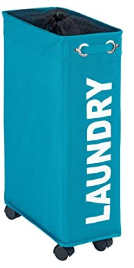 WENKO Wäschesammler Mod. Corno Petrol, Stabiler schmaler Wäschekorb mit Vier leichtgängigen Rollen und Deckel, Wäschetruhe aus 100% Polyester, Fassungsvermögen 43 L, (B x H x T): 18,5 x 60 x 40 cm