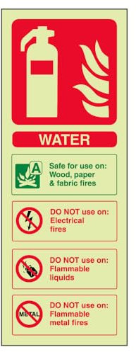 VSafety Warnschild für Feuerlöscher, Wasser-Kennzeichnung, leuchtet im Dunkeln, 75 x 200 mm, Hartkunststoff