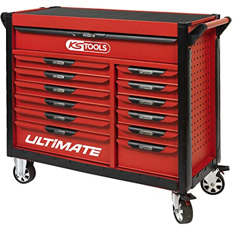 KS TOOLS - 809.0013 - Servante d'atelier Vide Ultimate 13 tiroirs - Caisse à Outil - Couleur Rouge -Plateau INOX - Porte flacons