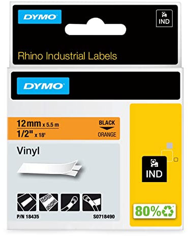 DYMO Rhino Industrial Vinyl Labels | 12 mm x 5.5 m | Black Print on Orange | Self-Adhesive | for Rhino & LabelManager Label Makers