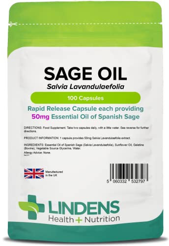 Lindens - Sage Essential Oil 50mg - 100 Softgel Capsules - UK Made - Popular Food Supplement for Women During Menopause - Free from Thujone - Letterbox Friendly