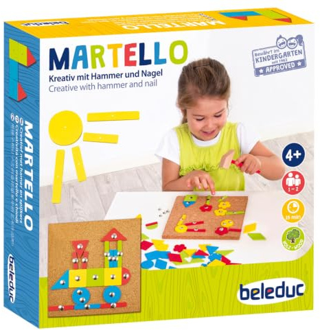 Beleduc - Martello : Jeu de Forme à Clouer sur Tableau en Liège, pour Enfants, Inclut 2 Plaques en Liège, 2 Marteaux en Bois, 73 Formes en Bois, 80 Clous et 1 Feuille avec 16 Modèles