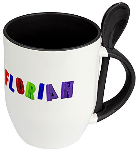 Namenstasse Florian - Löffel-Tasse mit Namens-Motiv Design Magnetbuchstaben - Becher, Kaffeetasse, Kaffeebecher, Mug - Schwarz