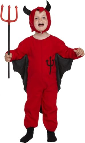HENBRANDT Toddler Devil Fancy Dress Costume, Age 3 Years | Age 3 Years, Red Jumpsuit, Attached Wings, Hood with Horns, Pitchfork Not Included