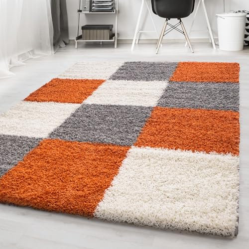 Carpetsale24 Hochflor Teppich Shaggy kariert 200x290 cm Orange, weich & flauschig, modernes Karo Design, rechteckig, ideal für große Wohnzimmer oder Esszimmer, dekorativ & gemütlich