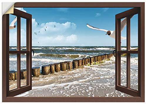 ARTland Wanddeko Wandtattoo selbstklebende Vinylfolie 100x70 cm Fensterblick Fenster Ostsee Möwen Strand Meer Küste Maritim T5QS
