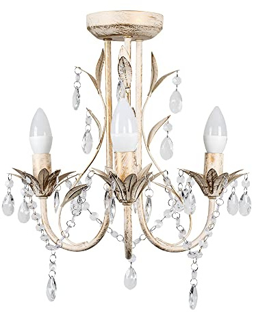 MiniSun | Traditional Style Distressed Cream Shabby Chic 3 Way Ceiling Light Chandelier | Chandeliers, Home Décor & Improvement Essential | Includes 3X 4W LED E14 Light Bulb | Mains Wired
