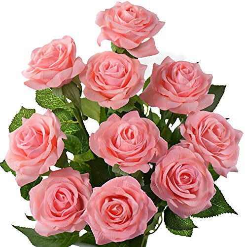 FiveSeasonStuff 10 Stems Real Touch Roses Artificial Flower Silk Roses ‘Petals Feel and Look like Fresh Roses' Bouquet of Flowers Floral Arrangements (Light Pink #8)