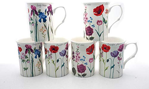 FINE Bone China Set of 6 Mixed STEM Flower Mugs Free Next Day DELIVERY in UK