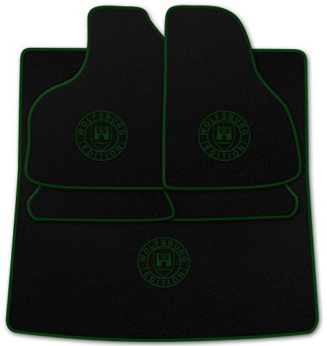 Autoteppich Stylers (Mit Farbauswahl Q100) Passform Auto Fußmatten + Kofferraumteppich mit Druck Wolfsburg Edition (WOB) und Rand in Dunkelgrün für VW Golf 3 Cabrio Baujahr 1993-1998