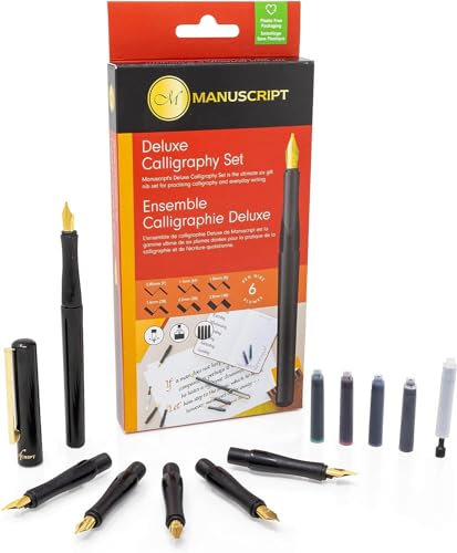 Manuscript Deluxe Six Nib Left Handed Calligraphers Fountain Pen & Ink Cartridge Set