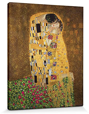 1art1 Kunstdruck auf Leinwand Der Kuss Gustav Klimt 1 teiliges mehrfarbiges Canvasbild mit Keilrahmen als Wohnung Dekoration für Ihr Zuhause in Größe 50 x 40 cm
