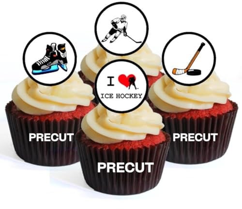 24 PRECUT Ice Hockey Cupcake Toppers, Winter Sports Theme Edible Cake Decorations, Skating Rink Party, Hockey-Puck Topper, 24 x 1.5 Inch 4cm