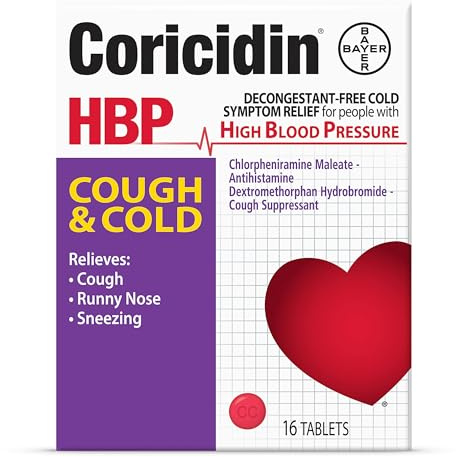 Coricidin HBP Decongestant-Free Cough and Cold Medicine - Specially Designed Relief for High Blood Pressure, Cough, Runny Nose, Sneezing and Cold Symptoms (16 Count)