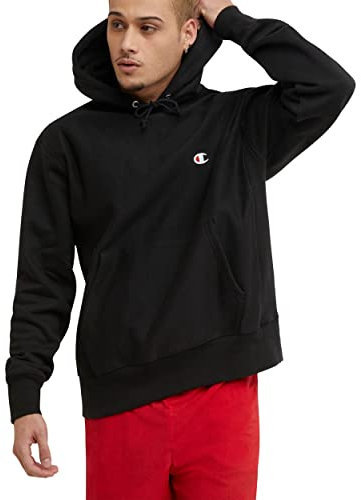 Champion Herren Hoodie, Reverse Weave, Fleece, Bequemer Pullover Sweatshirt Kapuzenpullover, Schwarz, Linke Brust, C, Large