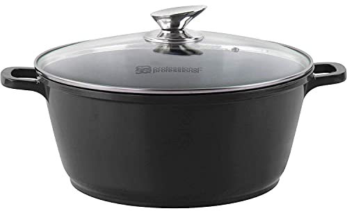 SQ Professional NEA Die-Cast Aluminium Stockpot with Lid 3-Layer Non-Stick Coating Stew Pots Induction Casserole Pan Tempered Glass Lid with Steam Vent (Black, 28cm)