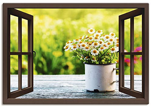 ARTLAND Wanddeko Leinwand Bilder Wandbild 100x70 cm Fensterblick Fenster Botanik Blumen Gänseblümchen Garten Frühling T4UF