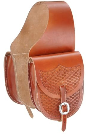 Tough1 Leather Saddle Bag w/ Basket Stamp - Medium Tan