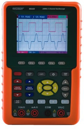 Extech MS420 20MHz 2-Channel Digital Oscilloscope and DMM | 20MHz dual-channel scope + True RMS DMM, voltage/current/resistance/capacitance/frequency, backlit LCD, USB