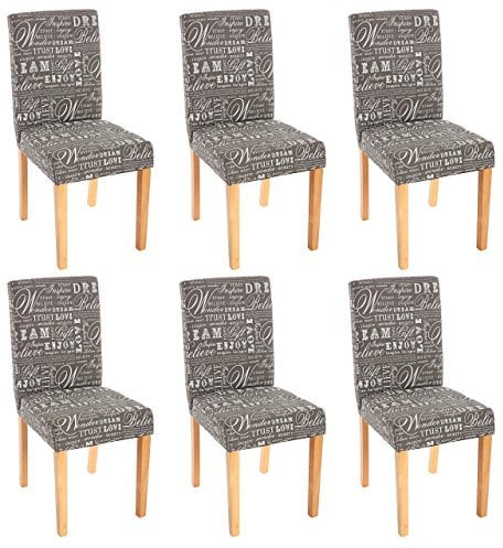 Mendler 6er-Set Esszimmerstuhl Stuhl Küchenstuhl Littau - Textil mit Schriftzug, grau, helle Beine