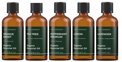 Mystic Moments | Organic Favourite Essential Oil Starter Pack | 5x100ml | Five essential oils: Lavender, Lemon, Orange Sweet, Peppermint and Tea Tree for diffusers, burners and DIY blends.