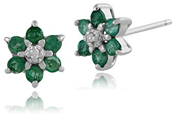 Gemondo Boucles d'Oreilles Clou Classique Or Blanc 375 Emeraude et Diamant Style Cluster