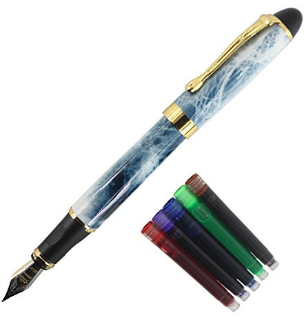 Gullor Extra Fine Nib Smooth Fountain Pen 450 Original Pen Pouch and Ink Cartridge Set - Blue Marble