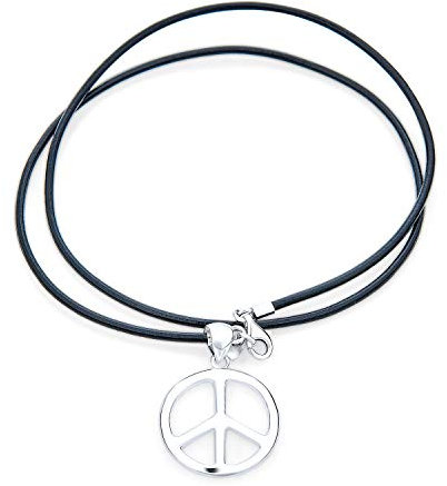 Large Peace Sign Pendant Necklace for Men for Women Teen Black Leather Cord Polished .925 Sterling Silver 18In