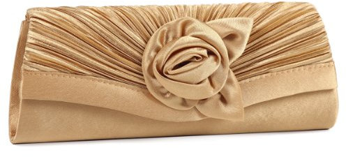 Damara Women's Satin Pleated Flower Front Evening Bag Clutch Handbag,Gold, L