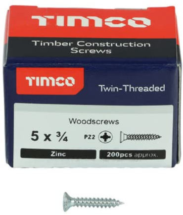 TIMCO Twin-Threaded Woodscrews - PZ - Double Countersunk - 5 x 3/4 - Zinc Plated - Box of 200
