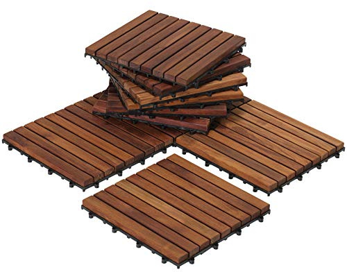 Bare Decor EZ-Floor Interlocking Flooring Tiles in Solid Teak Wood Oiled Finish (Set of 10), Long 9 Slat