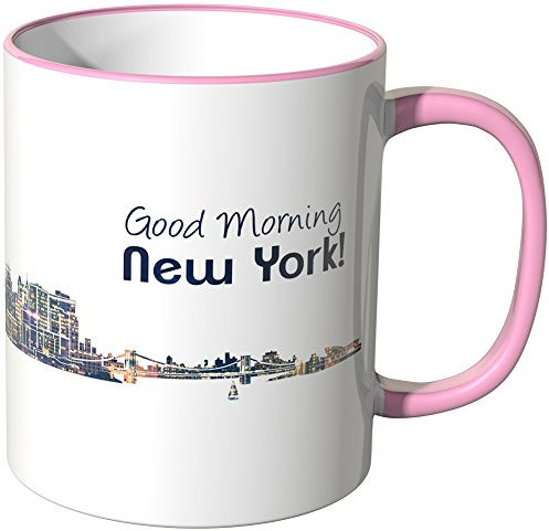 WANDKINGS® Tasse, Schriftzug Good Morning New York! mit Skyline bei Nacht - ROSA