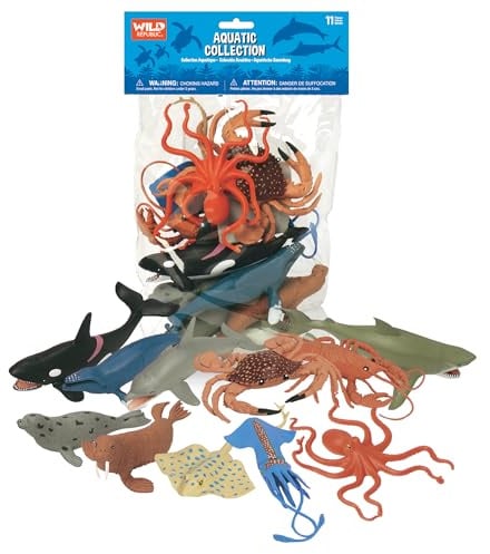 Wild Republic Polybag Aquatic, Octopus, Shark, Dolphin, Orca, Crab, Lobster, Blue Whale, Stingray, Squid, Harp Seal, & Walrus Toys 11 Piece Set