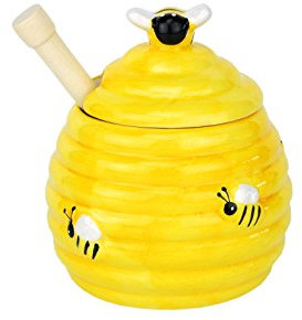 HiT 3 teiliges Set Honigtopf mit Deckel aus Keramik gelb Bienenstock Form mit Holzlöffel für Honig und Sirup I Behälter für Ahornsirup mit Keramikdeckel mit Aussparung für den Honiglöffel