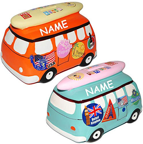 alles-meine.de GmbH 1 Stück Spardose - Reisekasse - Auto/Bus - mit Surfbrett - incl. Name - stabile Sparbüchse aus Keramik/Porzellan - Sparschwein - für Kinder & Erwach..