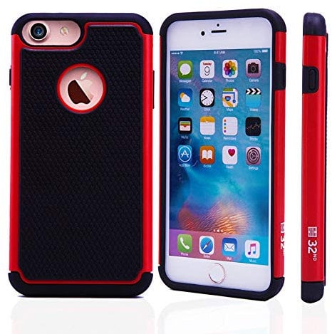 32nd ShockProof Series - Dual-Layer Shock and Kids Proof Case Cover for Apple iPhone 7, 8, SE (2020) & SE (2022), Heavy Duty Defender Style Case - Red