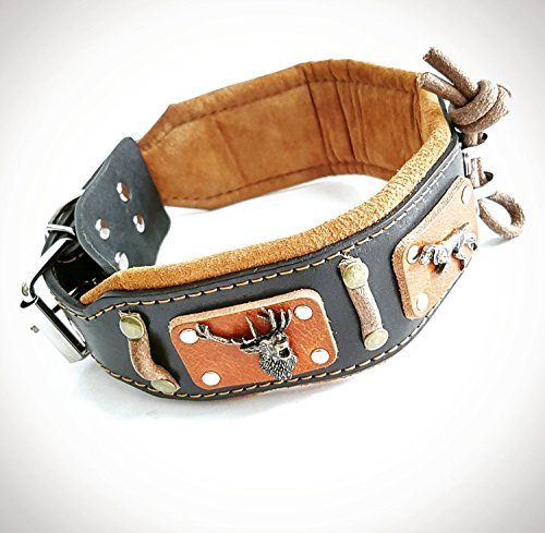 Bestia™ Hunter Echtleder Hundehalsband für große Hunde. 100% Leder. Weich gepolstert. 6,3 cm breit. Altmessing Jagdtmotive. Einzigartiges Design und Qualität. cane corso, Rottweiler, Dogo. Handgefertigt in der EU!