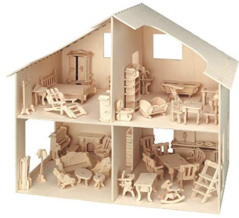 Pebaro-Donau Elektronik Diseño de Madera Casa de muñecas con Muebles, Color Natural, 30 x 30 x 30 cm (M880)