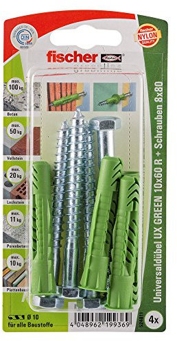 Fischer Universaldübel UX Green 10x60 R S K, R mit Rand, 4 x 6-kt-Schraube 8 x 80, 524811