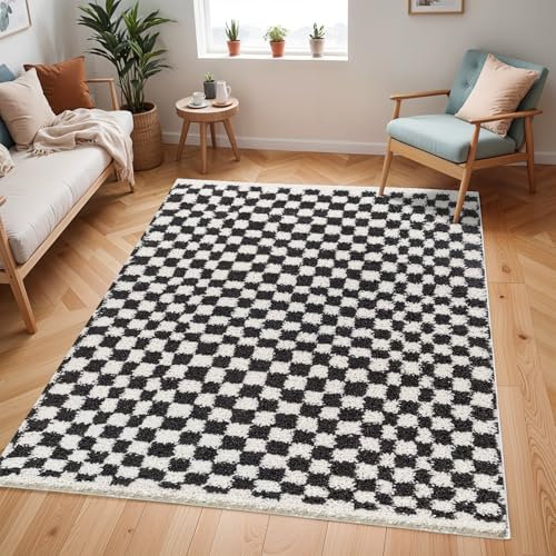 Livabliss Burgas Shaggy Rug - Modern Berber Rugs Living Room, Large 200x275 cm, Soft Shaggy Rugs for Bedroom - Neutral Boho Fluffy Rug, Easy Care Plush Thick Pile - Black and White
