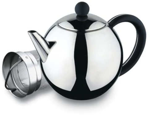 Café Ole Rondo ST-017X Stainless Steel Tea Pot Easy Pour Teapot with Infuser Basket 17oz 500ml, Black Bakelite Handle
