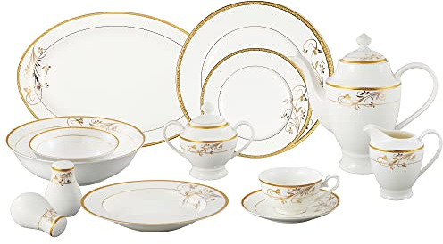 Lorren Home Trends La Luna - Vajilla de porcelana (57 piezas, oro de 24 quilates, diseño floral, servicio para 8 personas)