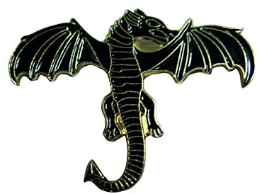 Metall-Emaille-Brosche, schöner großer Drachen, 40 mm, Schwarz / Gold