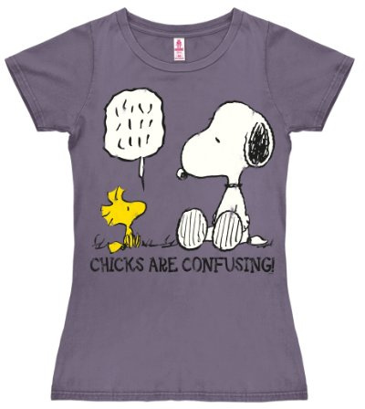 Logoshirt® Peanuts I Snoopy und Woodstock I Chicks Are Confusing I T-Shirt Print I Damen I kurzärmlig I violett I Lizenziertes Originaldesign I Größe L