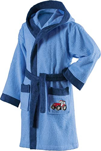 Erwin Müller Kinder-Bademantel mit Kapuze Frottier hellblau Größe 110-116 - mit Bindegürtel und Taschen, Stickerei Traktor (weitere Größen)
