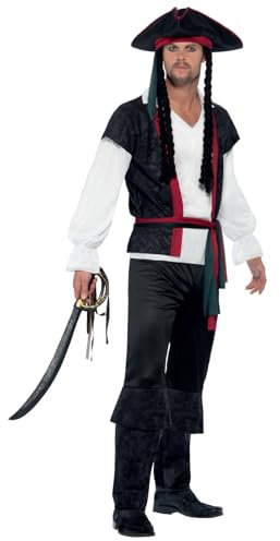 Smiffys Aye Aye Piratenkapitän Kostüm, Schwarz, mit Oberteil, Hose, Krawatte & Hut mit Haaren