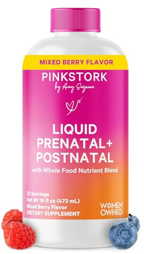 Pink Stork Liquid Prenatal Vitamins for Women - Berry Flavor Organic Food Blend - Fertility, Pregnancy, Postpartum Essentials - Morning Sickness Support - Breastfeeding & Lactation - 32 Servings