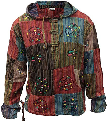 SHOPOHOLIC FASHION Männer Stonewashed Gestreiftes Patchwork Hippie Grandad Hemd mit Kapuze, L