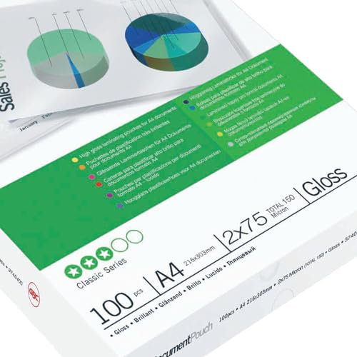 GBC Laminierfolien A4 75 mic, Robuste Laminiertaschen im 100er Pack, Glänzend, Transparent, Ideal für Büro & Schule, 3740400